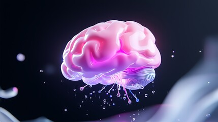 Glowing pink brain with colorful liquid droplets, dark background.