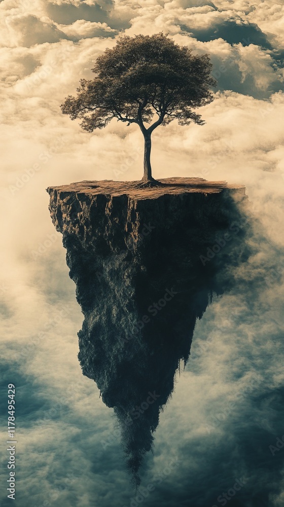 Poster a lone tree stands on a floating island surrounded by clouds, creating a surreal and mystical landsc