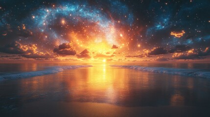 Fototapeta premium A stunning sunset over a tranquil ocean, infused with cosmic elements and vibrant colors.