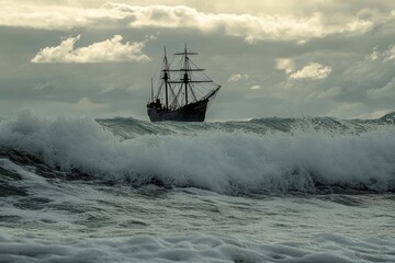 Obraz premium A tall ship sails through rough seas, framed by dramatic clouds and crashing waves, capturing the essence of adventure and exploration.
