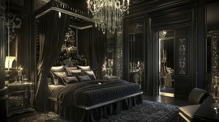Luxurious black bedroom with mirrored canopy bed and plush pillows