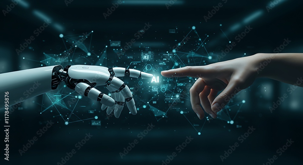 Poster ai, machine learning, hands of robot and human touching on big data network connection background, s