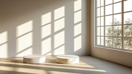 Fototapeta premium Two round white podiums in sunlit minimalist room.