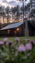 Rustic Log Cabin in Forest at Dusk  Cozy Woodland Retreat