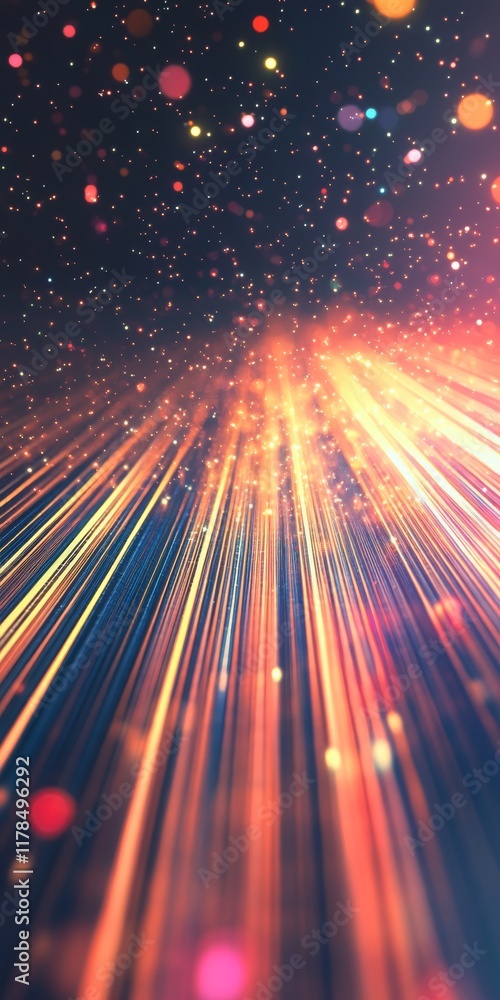 Poster vibrant streaming data lines with radiant background of colorful lights and bokeh effects