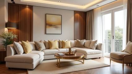Fototapeta premium Cozy living room with plush cream-colored sectional sofa, complemented by a crisp white rug and inviting space to relax