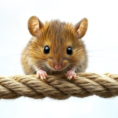 A close-up of a small mouse perched on a rope, showcasing its features and curious expression.
