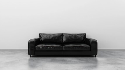 A modern black leather sofa against a plain wall, suitable for contemporary living spaces.