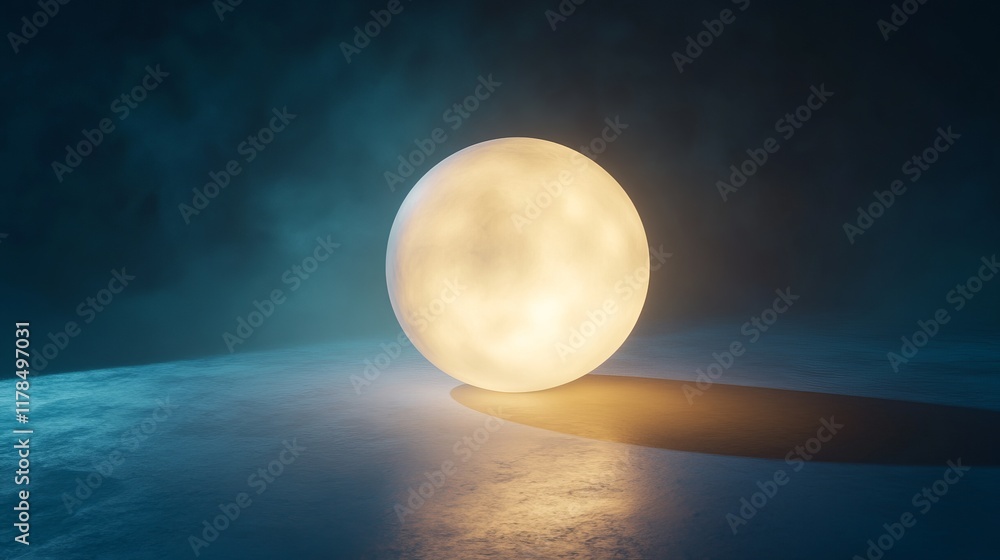 Poster a luminous sphere casting a soft glow in a dimly lit room, creating an intriguing and mysterious atm