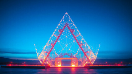 AI generative. Abstract background of futuristic low poly of gate triangle wiremesh with glow effect, blue dusk color. 16