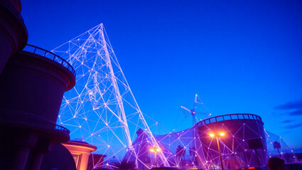 AI generative. Abstract background of futuristic low poly of building and triangle wiremesh with glow effect, blue dusk color. 19