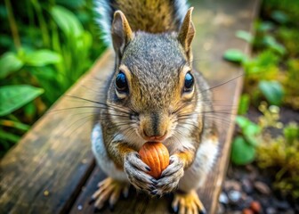 Obraz premium Drone Shot: Squirrel Snacking Backyard