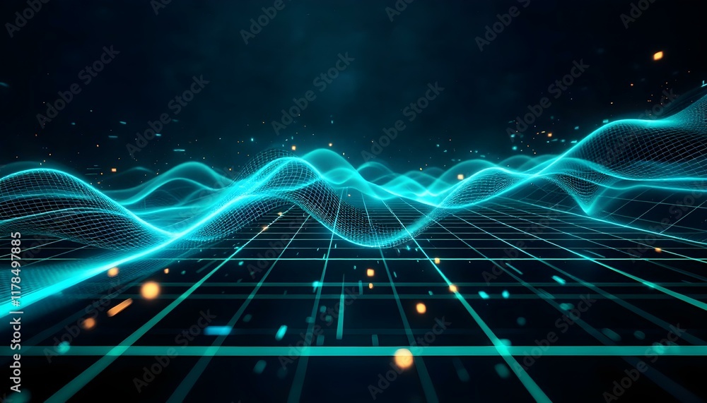 Poster abstract digital waveform landscape: teal grid and flowing data visualization