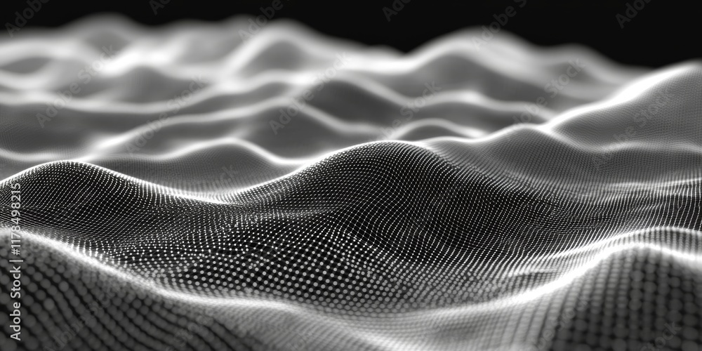 Poster explore an abstract black and white data mesh background featuring intricate wave patterns and digit