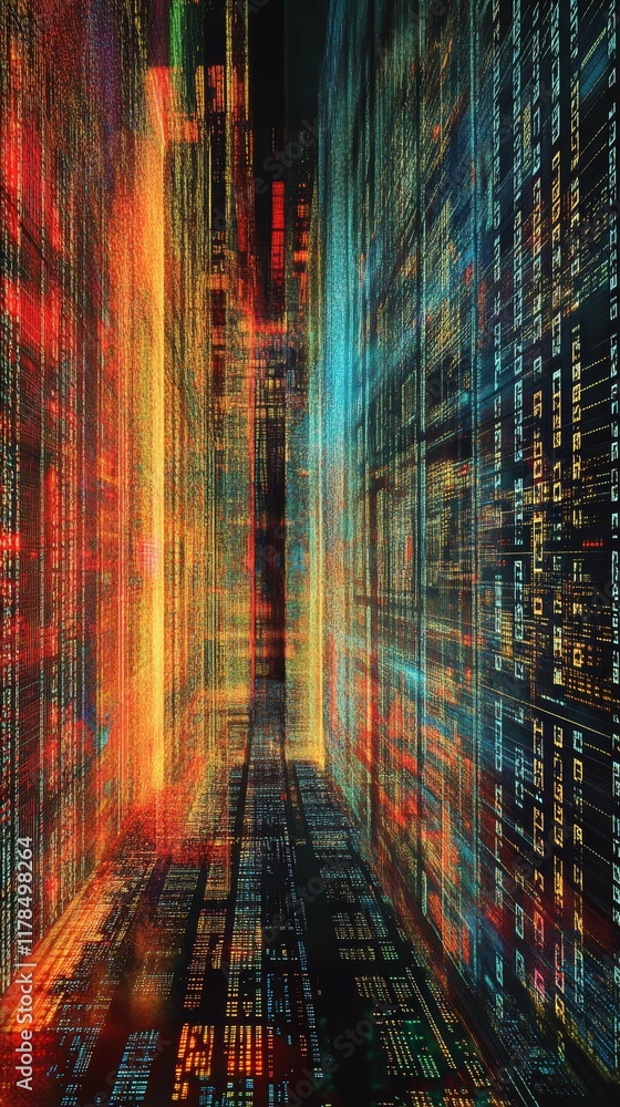 Poster this vibrant abstract image showcases a data mesh layout filled with dynamic patterns and colorful i
