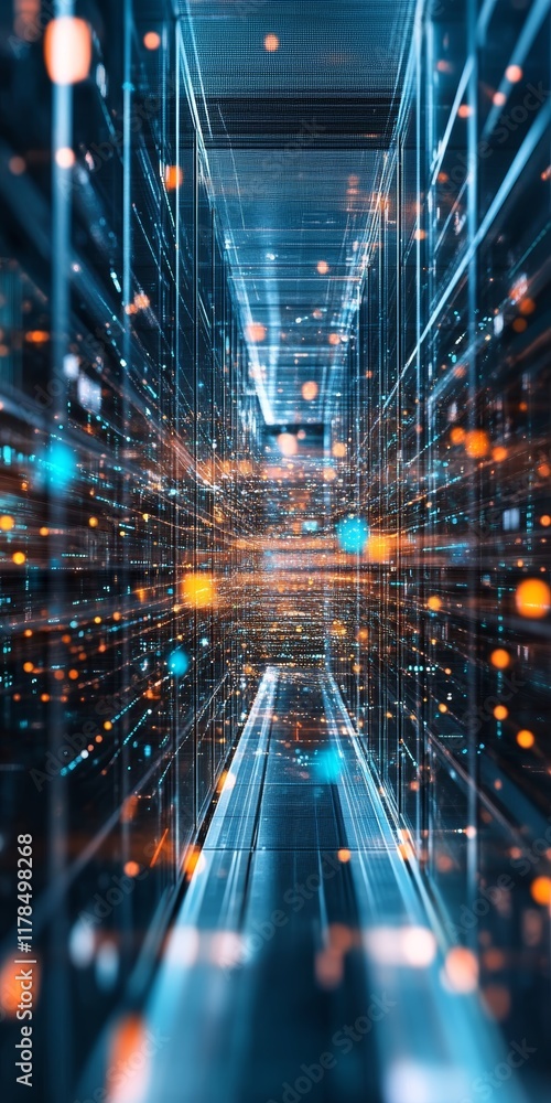 Poster high-tech abstract digital data network conceptual graphic of a futuristic server room with dynamic 
