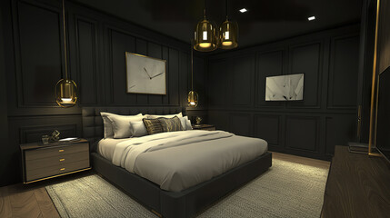 Luxurious bedroom with deep charcoal walls and soft lighting