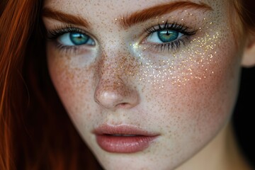 Fototapeta premium A close-up portrait of a young woman with striking blue eyes, freckles, and shimmering highlights on her cheeks, showcasing natural beauty.