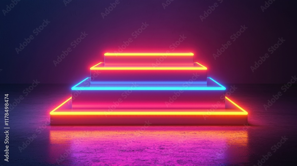 Poster a vibrant display of neon lights forming a layered structure, set against a dark background, creatin