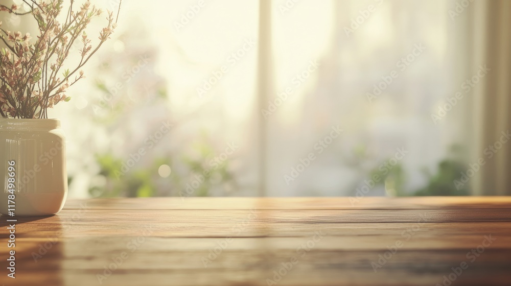 Aufkleber An empty wooden table with a blurred window and flower vase in the background, bathed in sunlight, providing space for a product display montage with a bokeh background