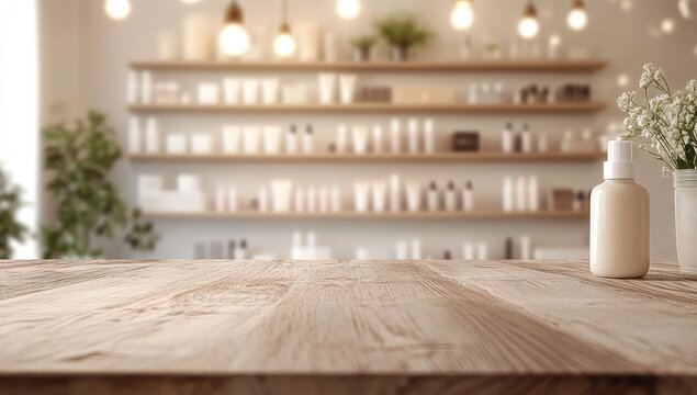  An empty wooden tabletop counter in a bright hair salon interior, perfect for displaying natural and organic cosmetic products, with a blurred background of shelves filled with cosmetics