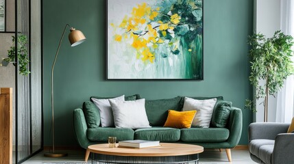 A modern living room featuring a green sofa, artwork, and plants for a cozy atmosphere.