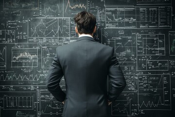Businessman analyzing complex data on a chalkboard, deep in thought and mathematics.