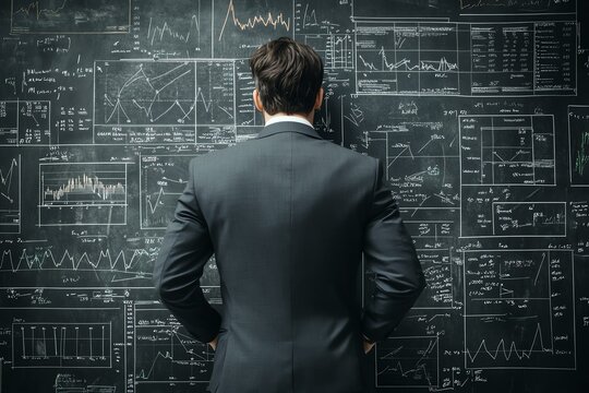 Businessman analyzing complex data on a chalkboard, deep in thought and mathematics.