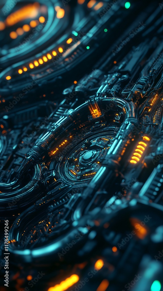 Poster the image is a close up of a futuristic object with a blue and orange color scheme