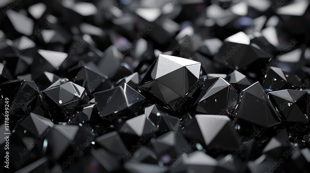 Poster close-up of shiny black geometric crystals creating a modern abstract background with reflective sur