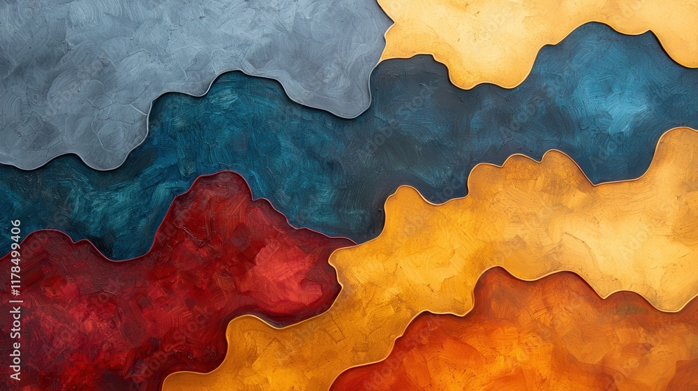 Poster an abstract design featuring flowing waves of color, including blue, red, orange, and yellow, creati