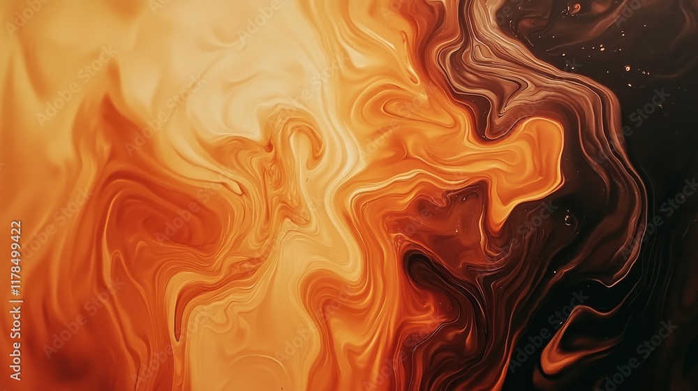 Poster a vibrant abstract swirl of orange and black hues, creating a dynamic flow that captivates and intri