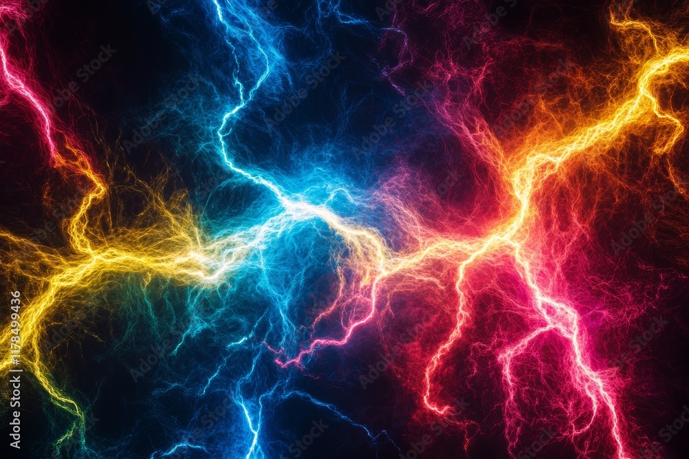 Poster dynamic display of multicolored lightning strikes on a dark background, showcasing vibrant energy an