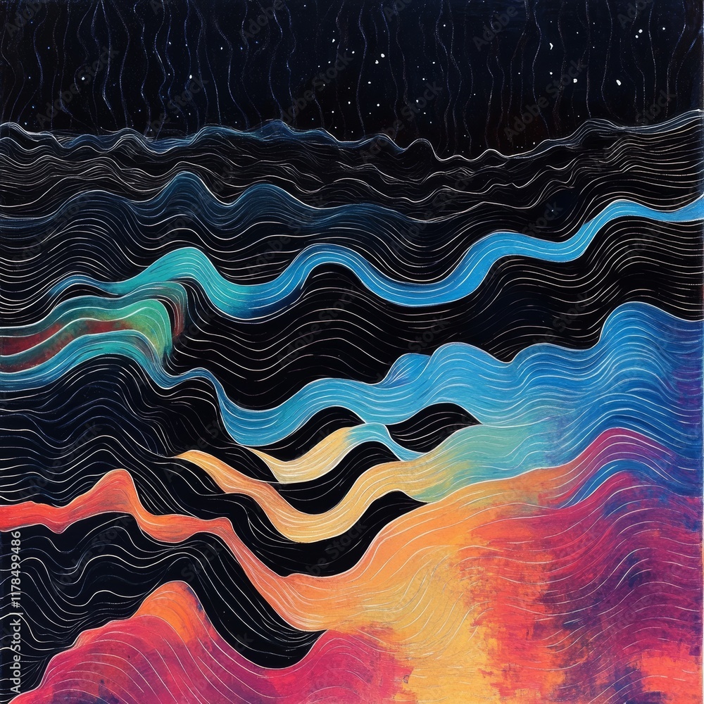 Poster vibrant abstract waves with a starry night sky, showcasing dynamic colors and flowing patterns for c