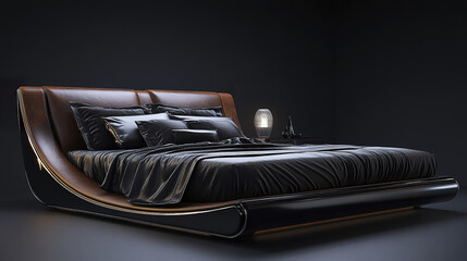 Luxurious bedroom with deep black and brown tones, featuring sleek bed