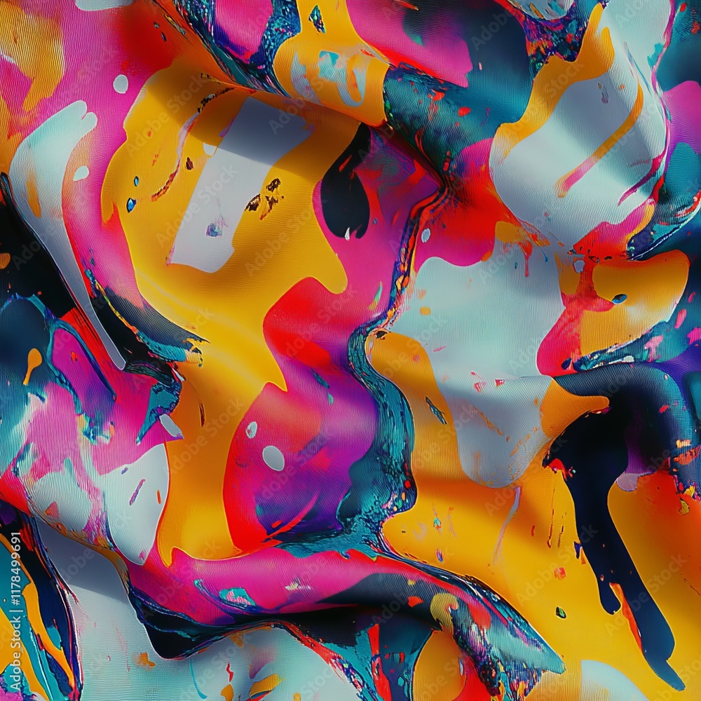 Poster a colorful abstract paint splash pattern on fabric, showcasing vibrant hues and dynamic design for c