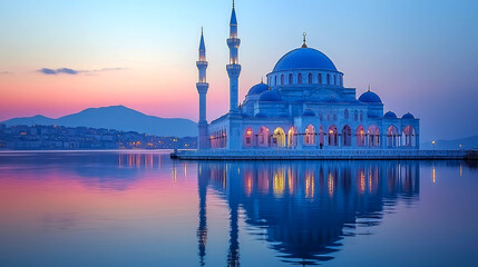 Fototapeta premium Majestic Mosque by the Water at Sunset: A Breathtaking View of Architectural Splendor
