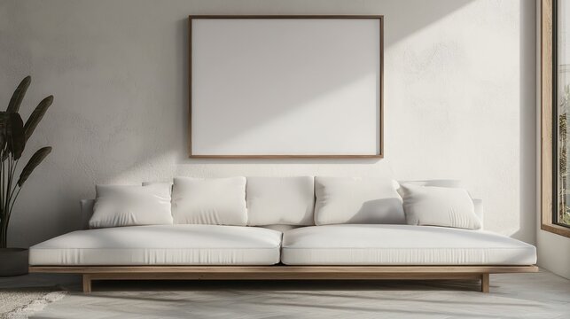 Sleek, minimalist living room featuring a floating 3D mockup frame above a low white sofa for ad promotion.