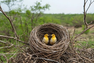 Nesting behavior of yellow birds in nature serene landscape close-up wildlife photography springtime