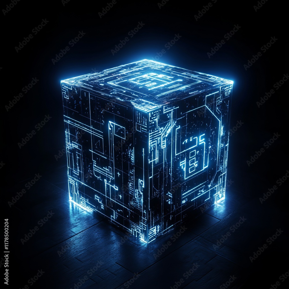Aufkleber cube with a blue light on it. the cube is lit up and has a futuristic look to it