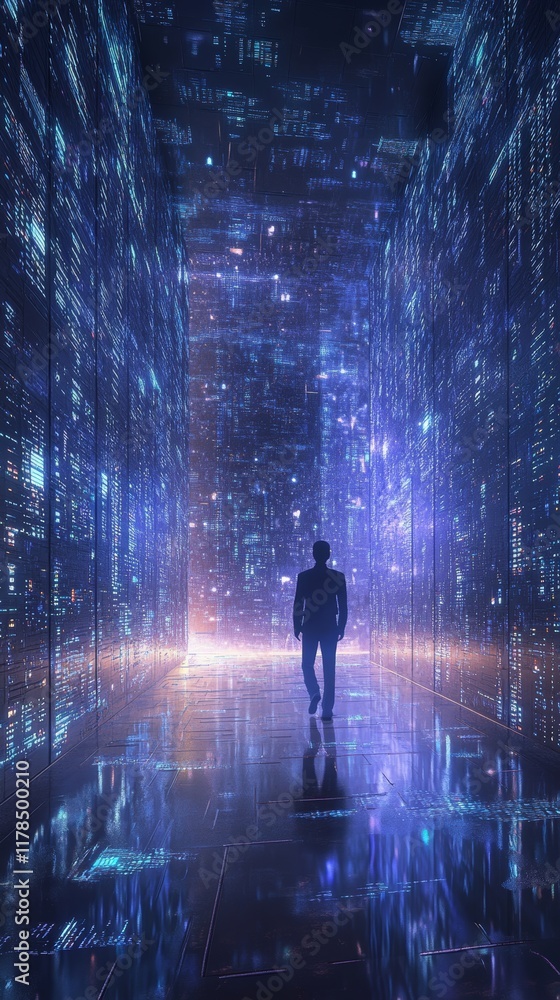 Aufkleber conceptual representation of data flow in a futuristic cloud environment with silhouette of a person