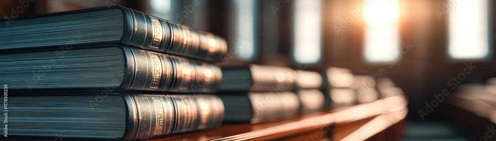 Aufkleber a close-up view of stacked books with a warm glow from sunlight, creating a serene and scholarly atm
