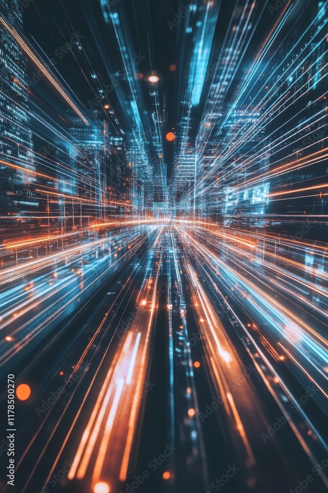 Poster experience a vibrant, futuristic urban landscape representing data connections, illuminated by dynam