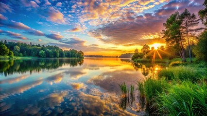 Fototapeta premium Breathtaking Sunrise at the Lakeshore: Tranquil Waters, Vibrant Colors, and Nature's Beauty in Landscape Photography