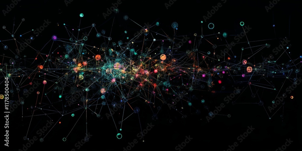 Poster abstract data network visualization with colorful nodes and dark background representing connections