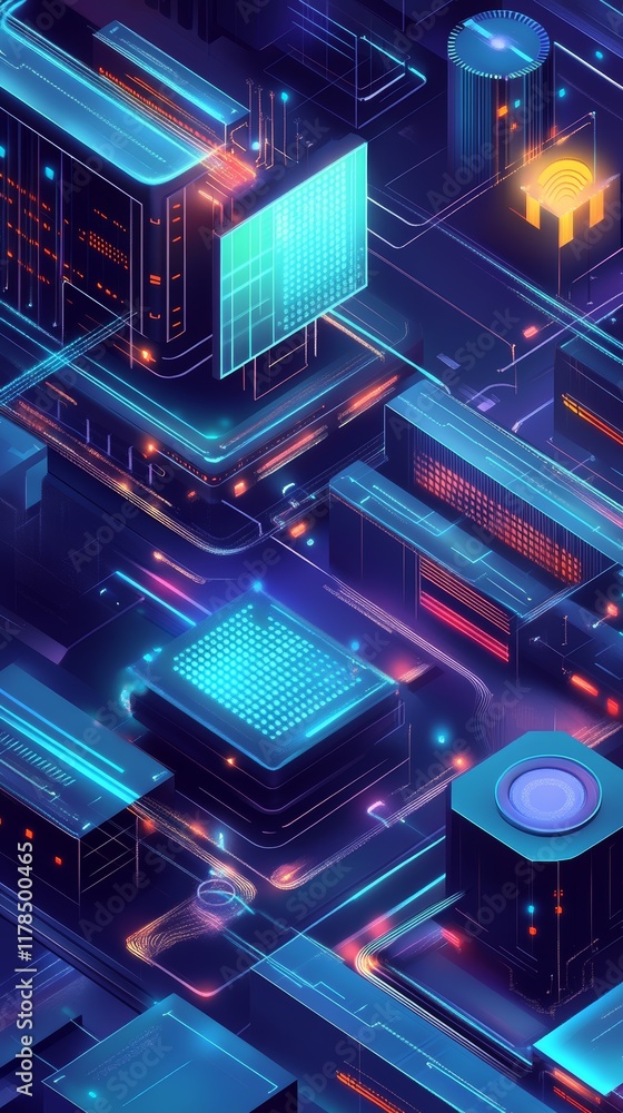 Poster explore a vibrant abstract isometric illustration depicting a techno-inspired data stream with neon 