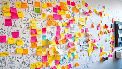 A creative brainstorming wall adorned with colorful sticky notes, sketches, and diagrams, capturing the energy and innovation of a vibrant startup hub