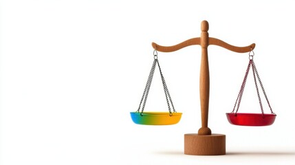 A wooden balance scale with colorful bowls, symbolizing justice, equality, and the weighing of options or decisions.