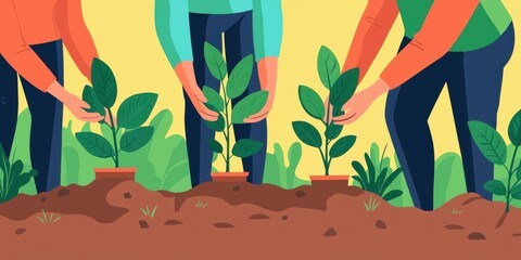 Collaborative urban garden planting event illustrative artwork for a bright sustainable future