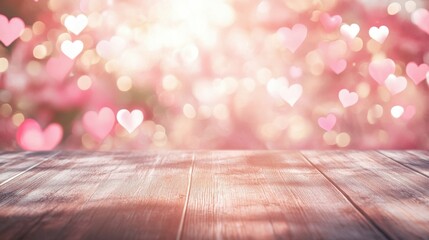 A warm chestnut wooden table surface with soft pastel pink and peach heart-shaped bokeh, blurred background, romantic valentine's day cinematic background with copy space.